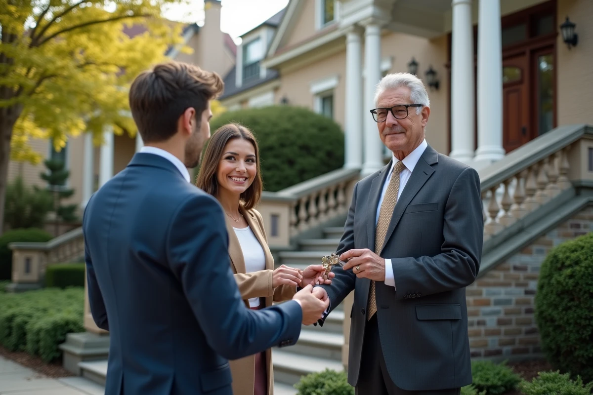 Agent immobilier remettant les clés à un jeune couple devant une maison