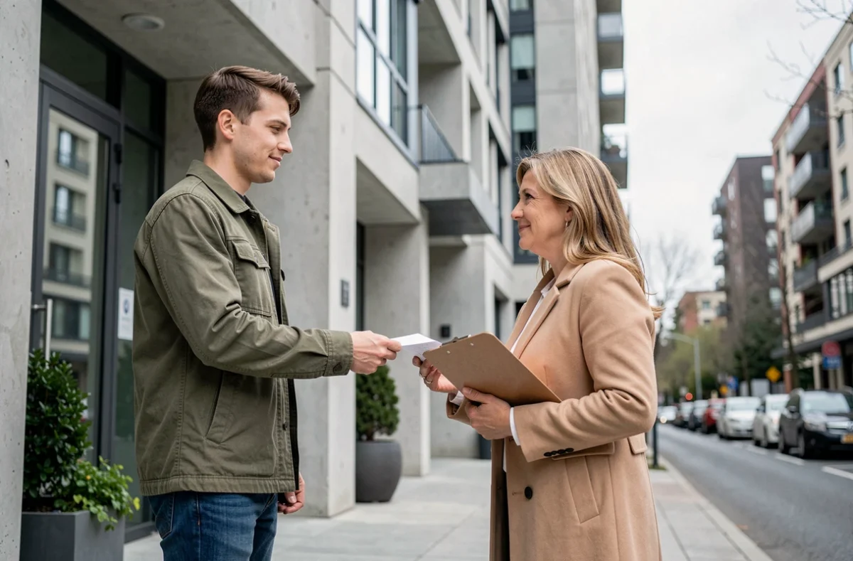 Un jeune locataire remet une lettre de garant à une propriétaire devant l'entrée d'un immeuble résidentiel urbain