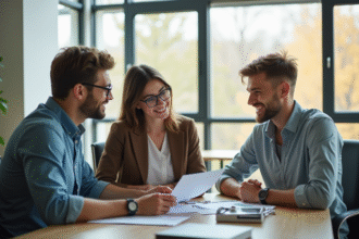 Jeune couple rencontrant un banquier dans un bureau moderne