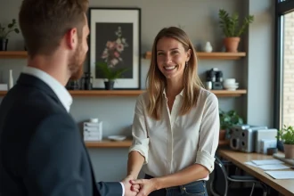 Femme souriante serrant la main d'un homme dans un studio photo moderne
