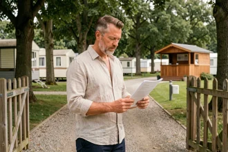 Futur repreneur d'un camping examinant des documents à l'entrée du site en 2026