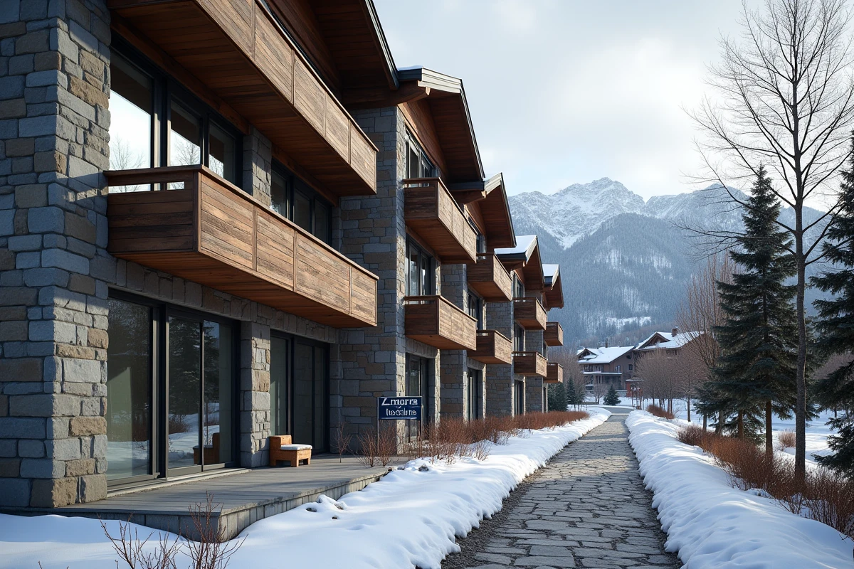 Résidence alpine moderne à vendre à Les Menuires avec balcons en bois et vue panoramique sur les montagnes