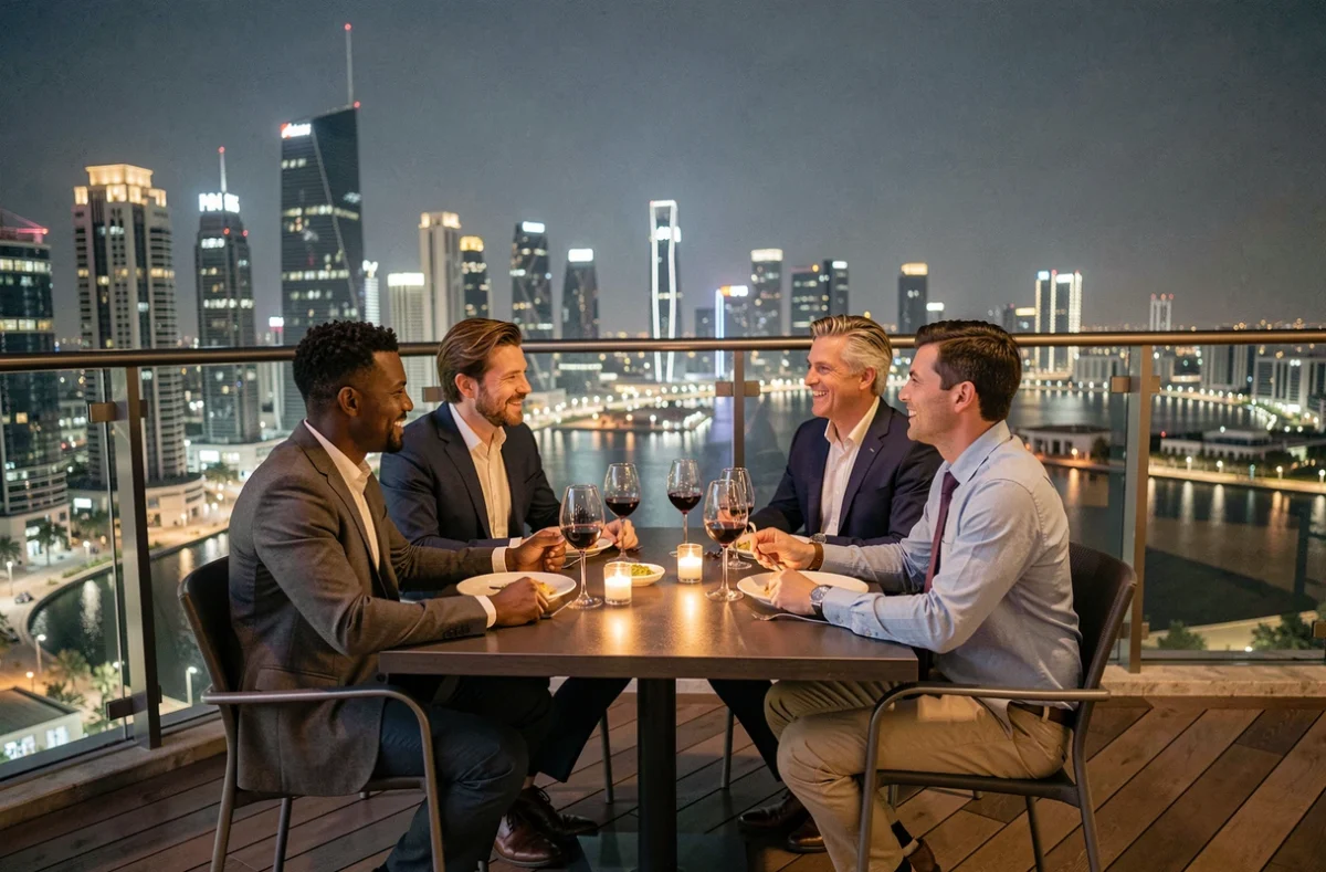 Terrasse restaurant en hauteur à JLT la nuit avec vue panoramique sur les tours illuminées de Dubaï