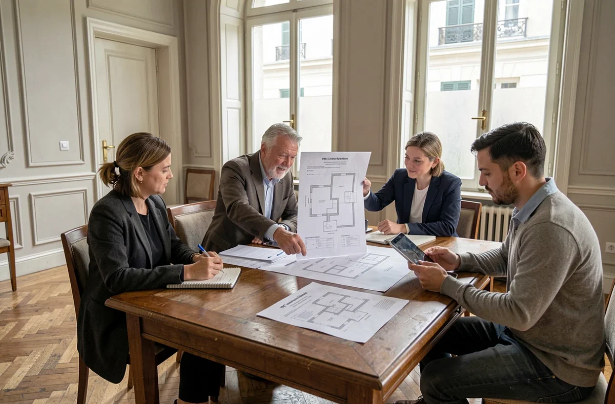 Réunion de copropriétaires autour des plans de mise en conformité VMC dans un immeuble ancien