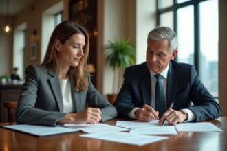 Couple d'affaires examinant des documents immobiliers élégants