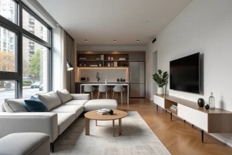 Salon d'appartement meublé moderne avec canapé design, télévision murale et cuisine équipée visible en arrière-plan