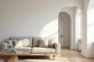 Salon soigneusement mis en scène dans une maison en Moselle à vendre suite à un divorce, avec canapé neutre, table basse en bois et murs blancs épurés
