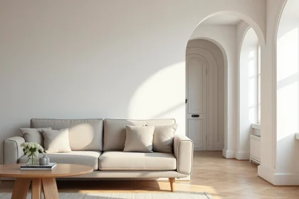 Salon soigneusement mis en scène dans une maison en Moselle à vendre suite à un divorce, avec canapé neutre, table basse en bois et murs blancs épurés