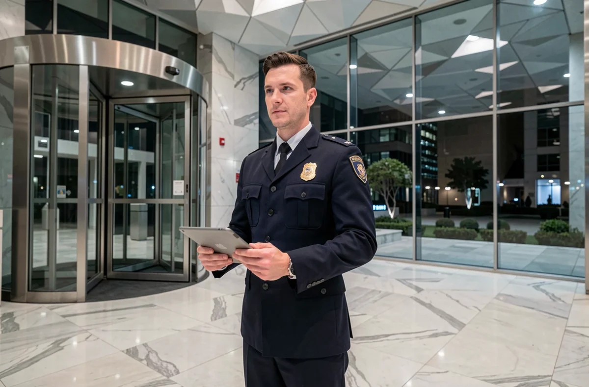 Agent de sécurité en uniforme à l'entrée de la tour Almas JLT la nuit avec hall moderne en arrière-plan