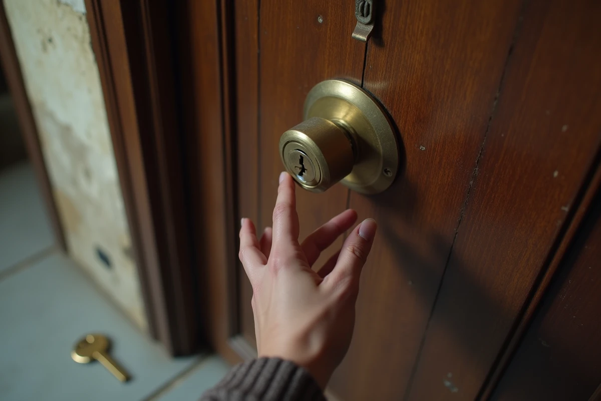Gros plan sur une serrure changée et une clé cassée devant une porte d'appartement dans le cadre d'une situation de violence conjugale