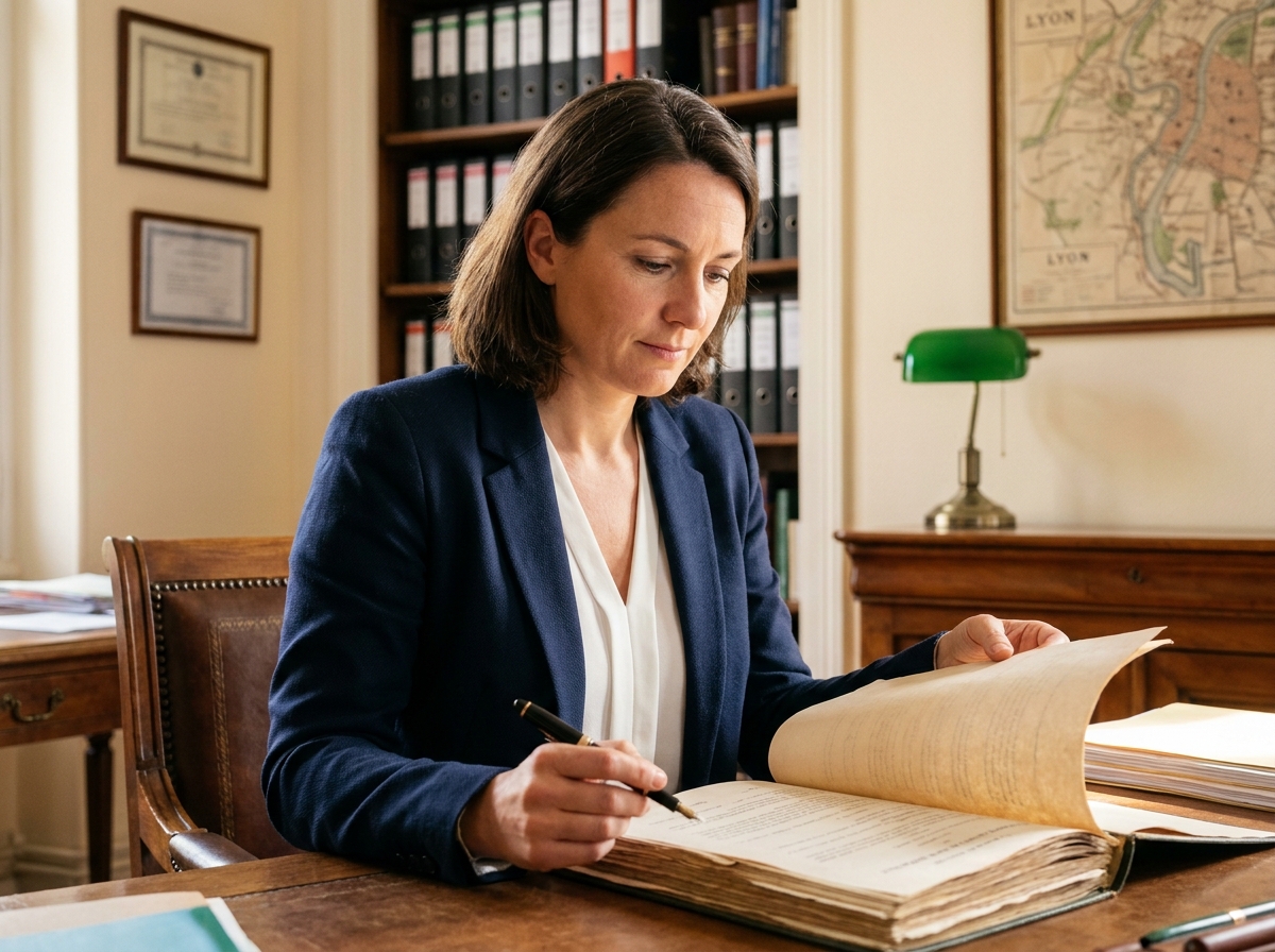 Femme signant un contrat d'achat immobilier dans un office notarial à Lyon
