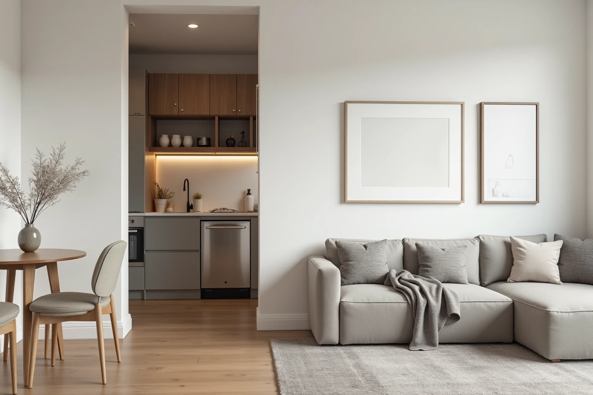 Intérieur d'un studio meublé prêt à la location, aménagé avec soin en style scandinave pour maximiser la rentabilité locative