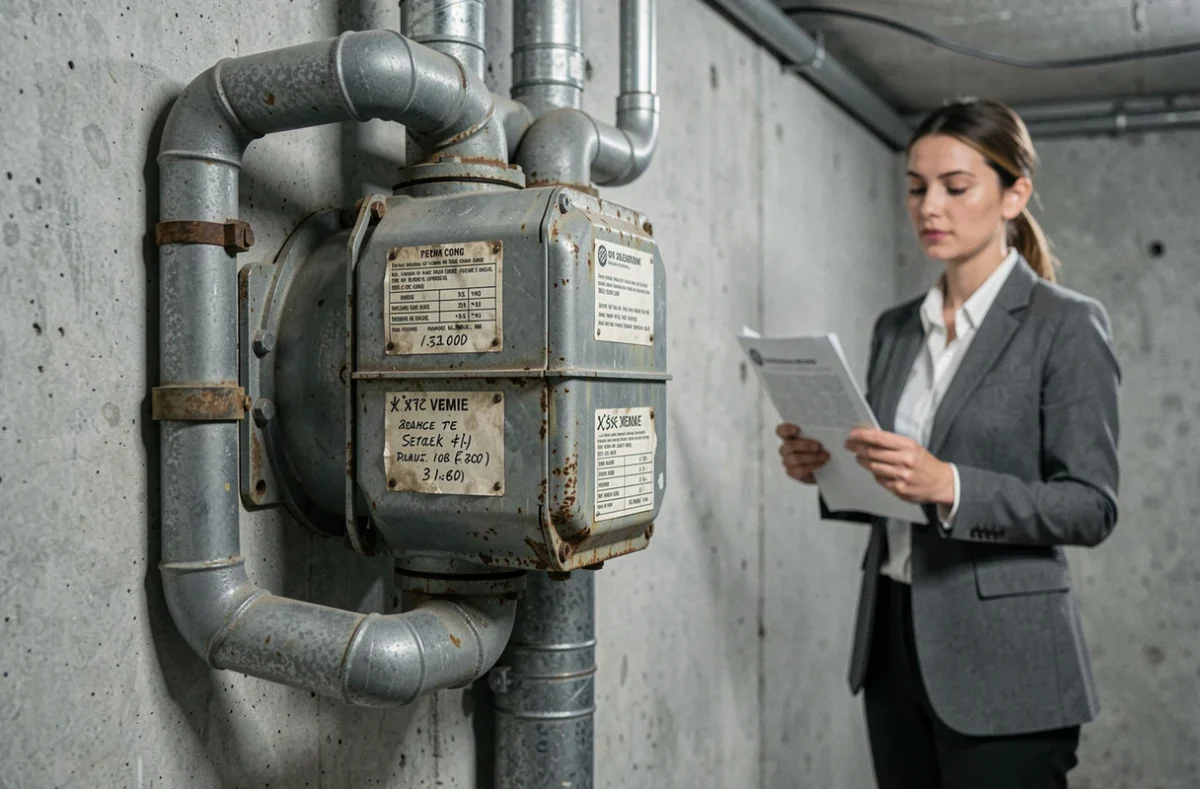 Système VMC double flux obsolète dans la cave technique d'un immeuble en copropriété avec gestionnaire vérifiant la conformité réglementaire