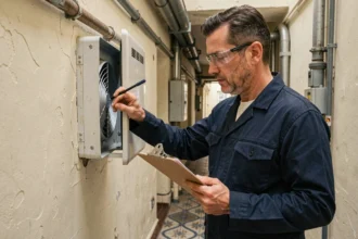 Technicien en maintenance inspectant une unité VMC dans le couloir technique d'un immeuble ancien en copropriété