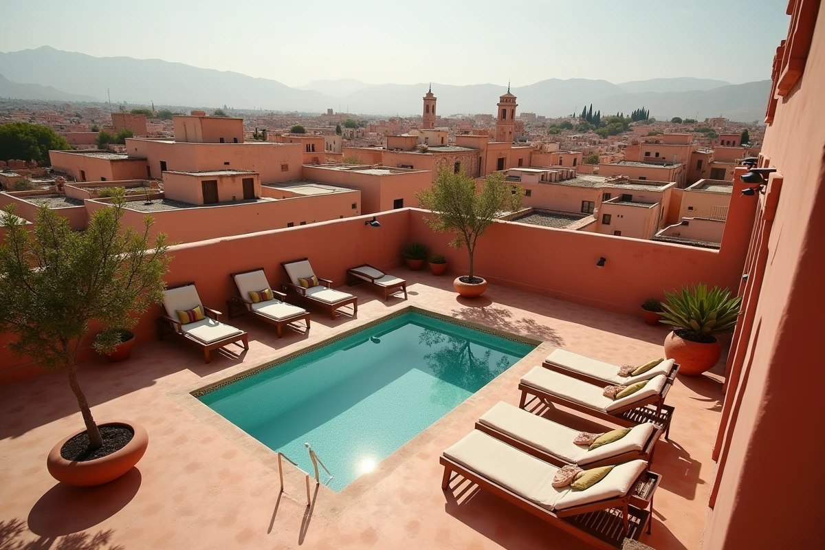 Terrasse panoramique d'un riad rénové à Marrakech avec piscine en mosaïque et vue sur les toits de la Médina