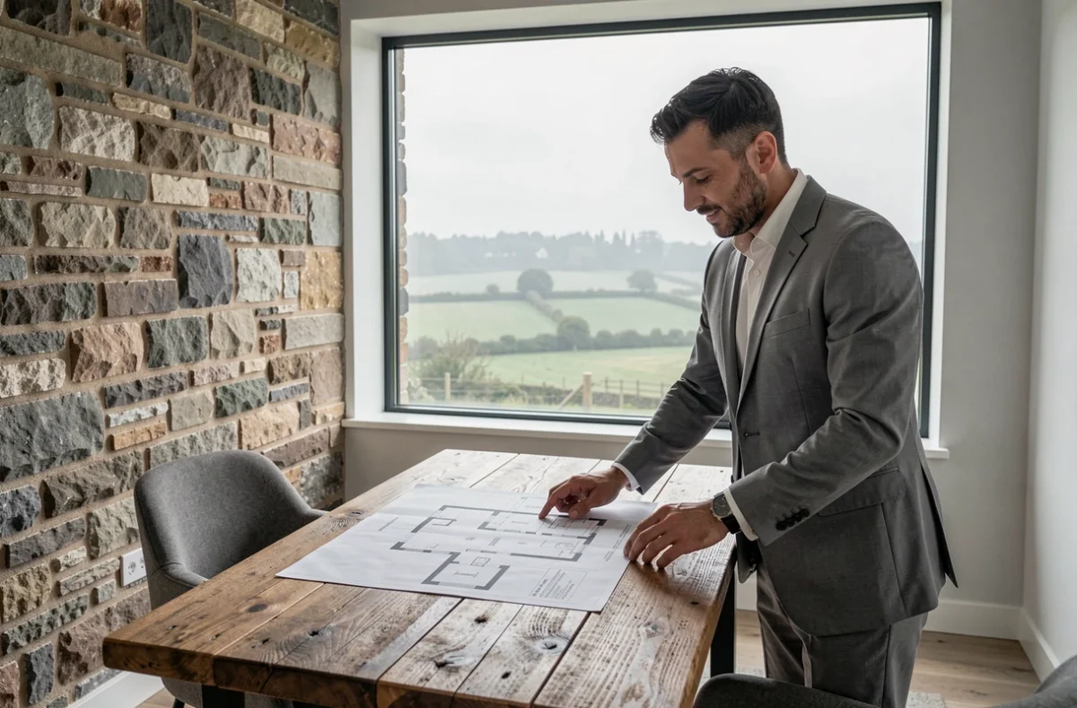 Agent immobilier de Terre d'Immo examinant des plans architecturaux dans un bureau mêlant pierres bretonnes et design contemporain