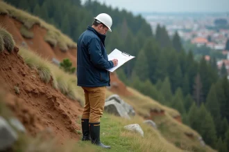 Topographe en extérieur sur une pente escarpée avec plan de coupe