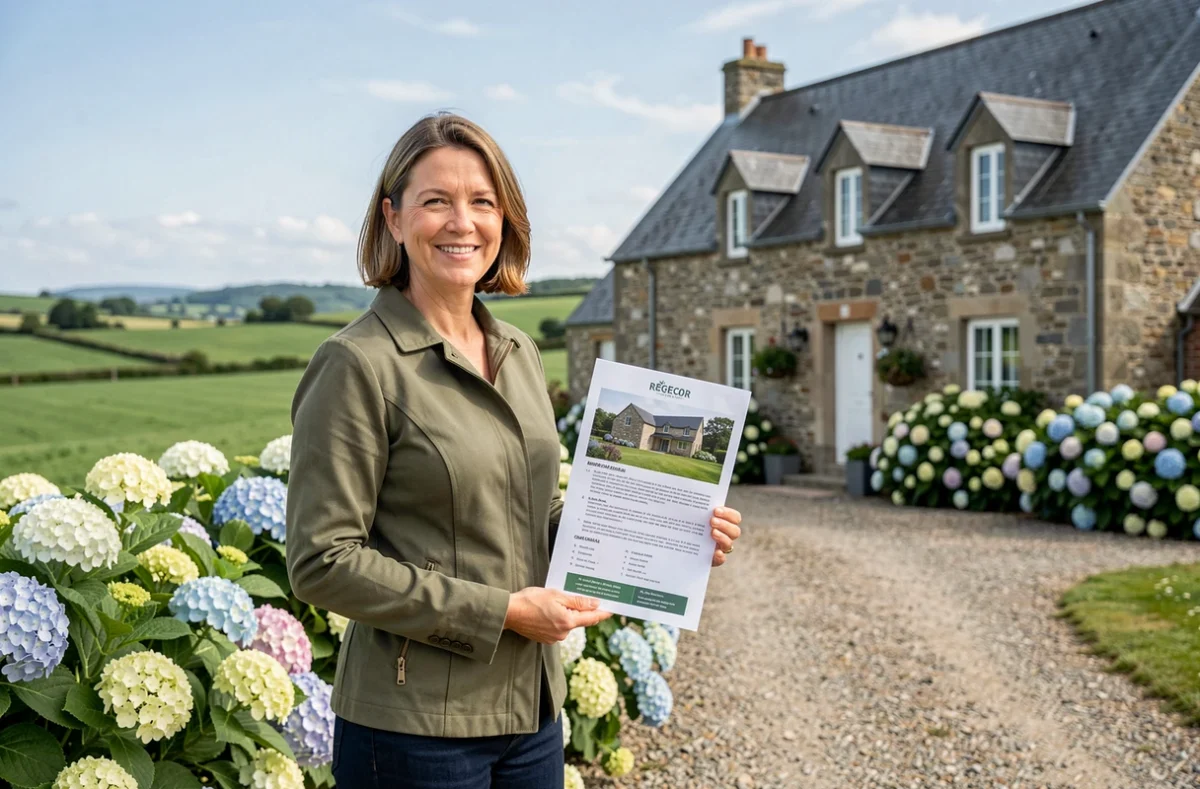 Agente de Trégor Immobilier devant une longère bretonne en pierre entourée d'hortensias dans le Trégor