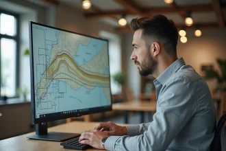 Urbaniste utilisant un logiciel gratuit pour réaliser un plan de coupe terrain sur grand écran d'ordinateur
