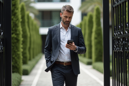 Homme d'âge moyen marchant devant une villa moderne exclusive