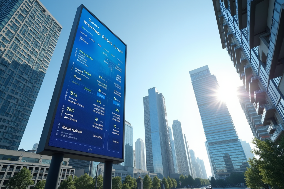 Paysage urbain avec immeubles et panneau de taux hypothécaires