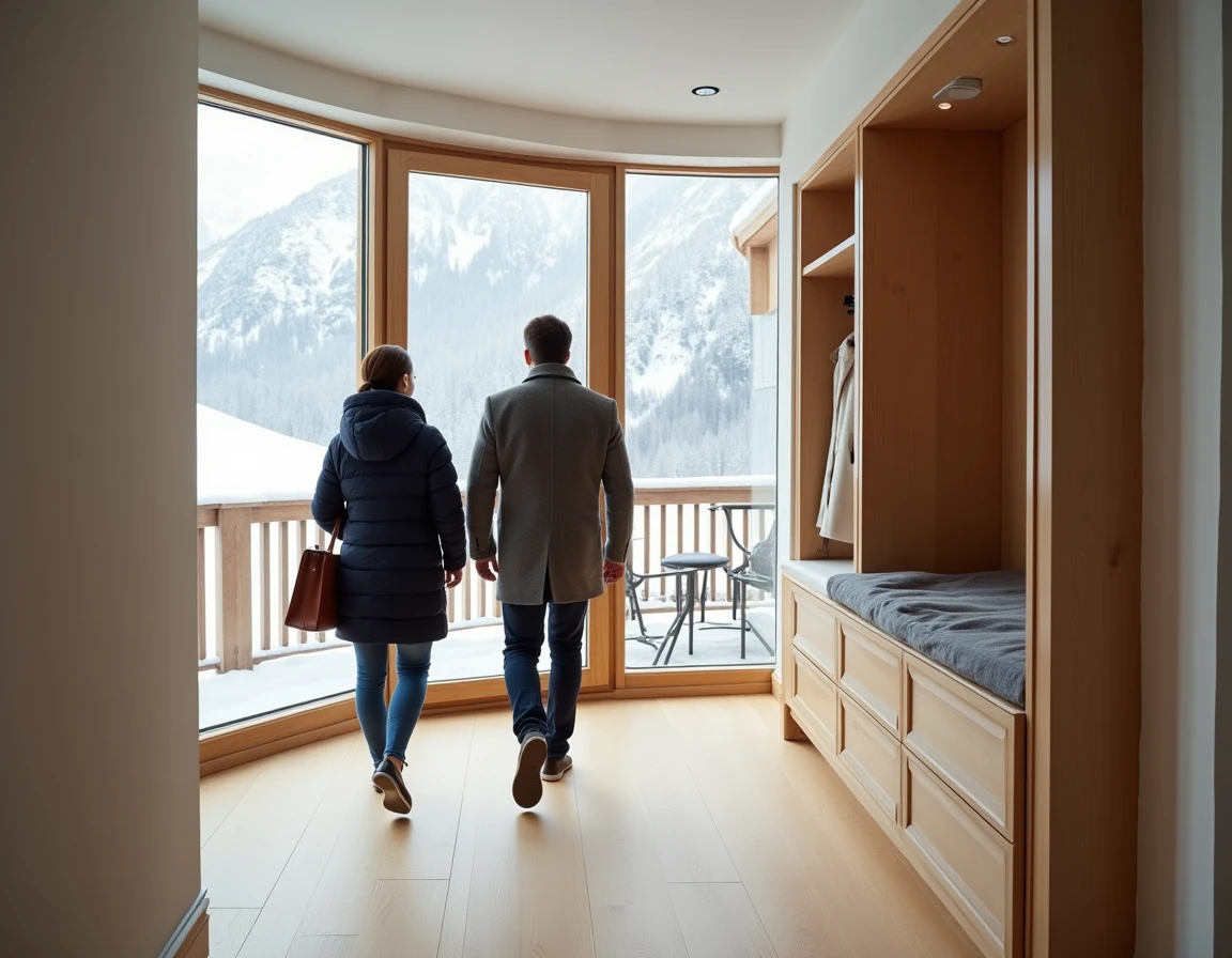 Agent immobilier présentant un appartement neuf en montagne à Les Menuires à un acheteur potentiel