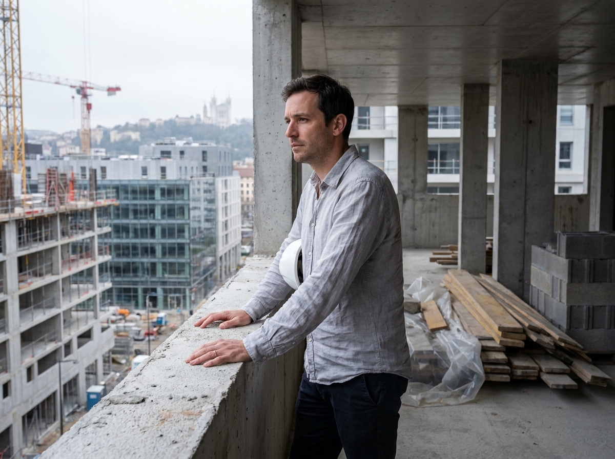 Homme sur le balcon d'un immeuble neuf en construction à Lyon avec vue sur la ville