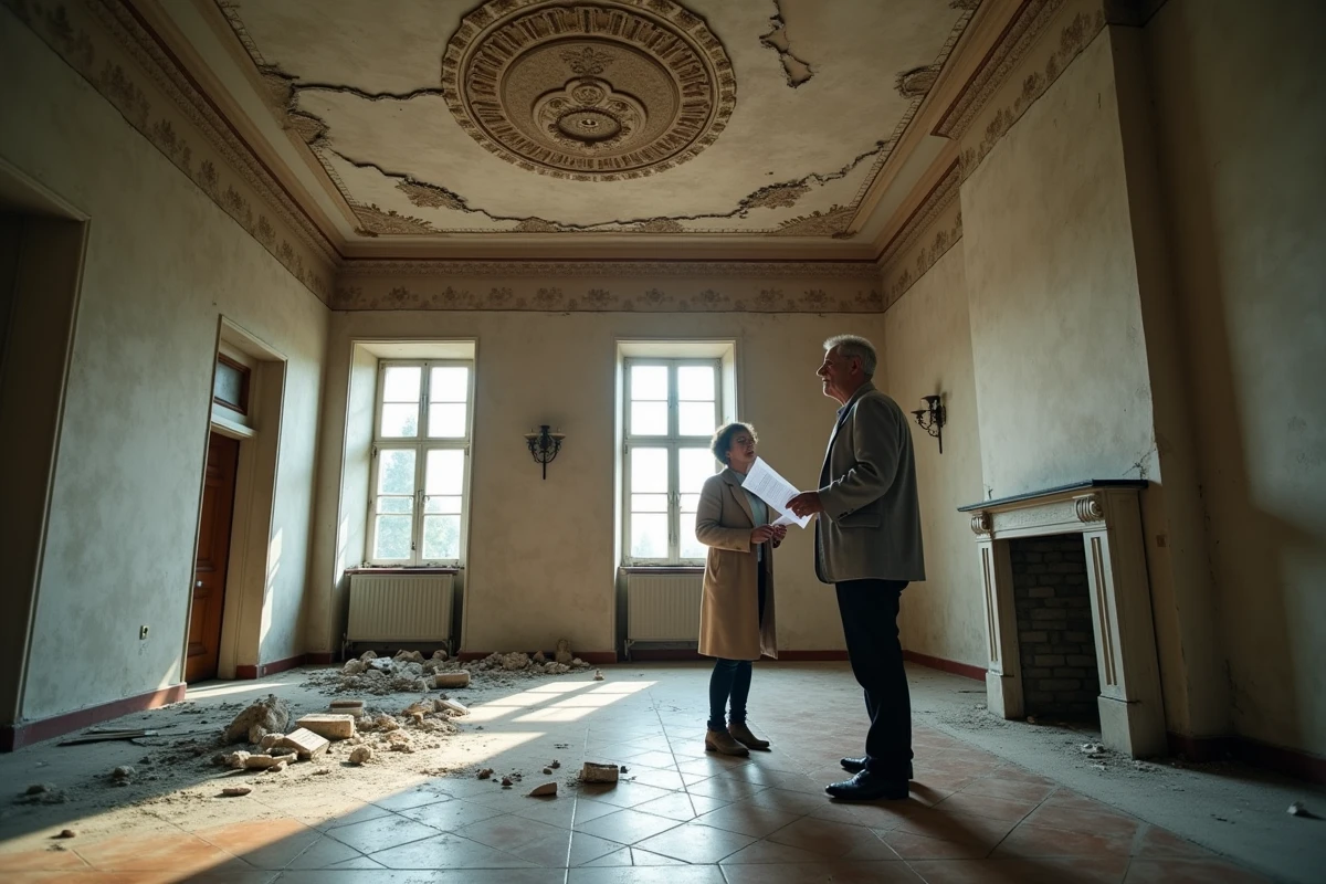 Couple visitant l'intérieur délabré d'un manoir abandonné avec plan en main avant achat immobilier