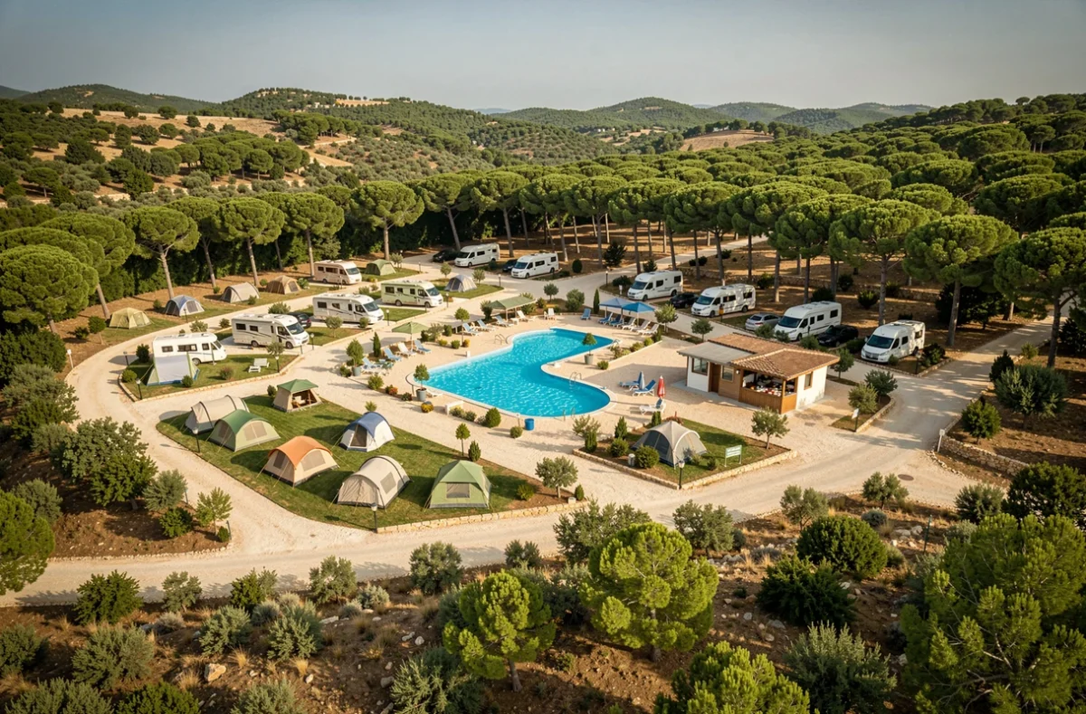 Vue panoramique d'un camping familial avec piscine et emplacements, illustrant la valeur d'un site à reprendre