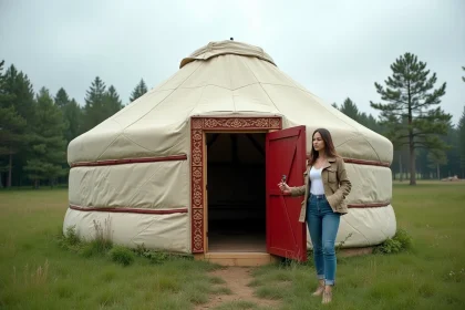 Yourte clé en main entièrement montée dans une prairie verdoyante avec une femme tenant les clés devant l'entrée en bois sculptée